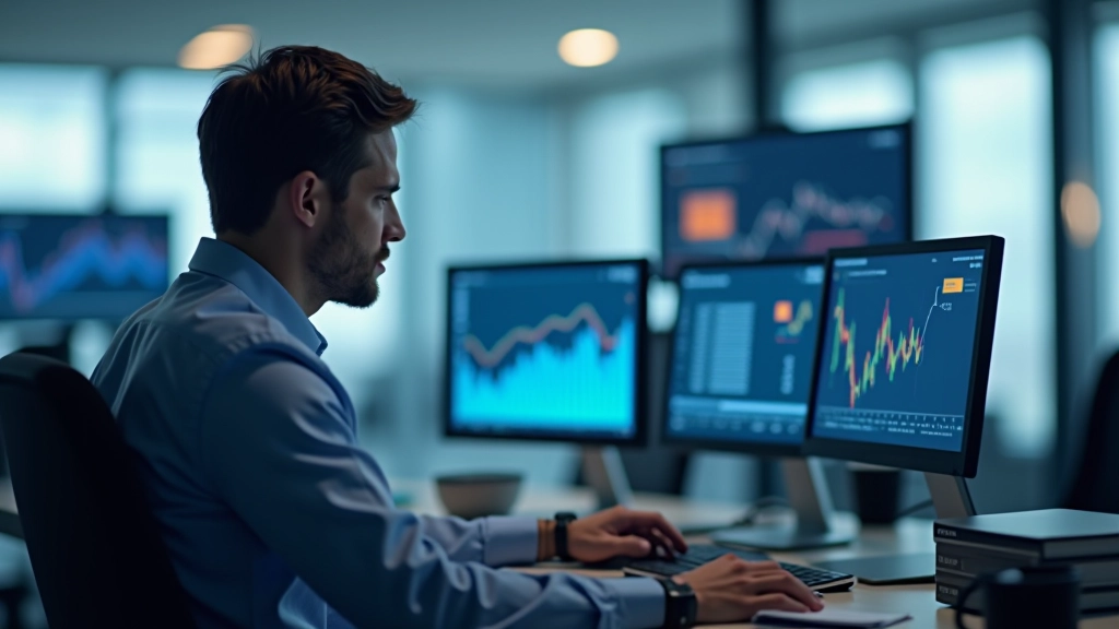 Analyst betrachtet Finanzdiagramme auf mehreren Bildschirmen zur Überwachung der Liquiditätsbedingungen