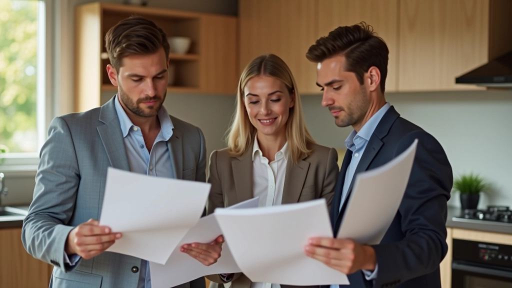 Familie besichtigt ein neues Haus, Realtor zeigt Papiere