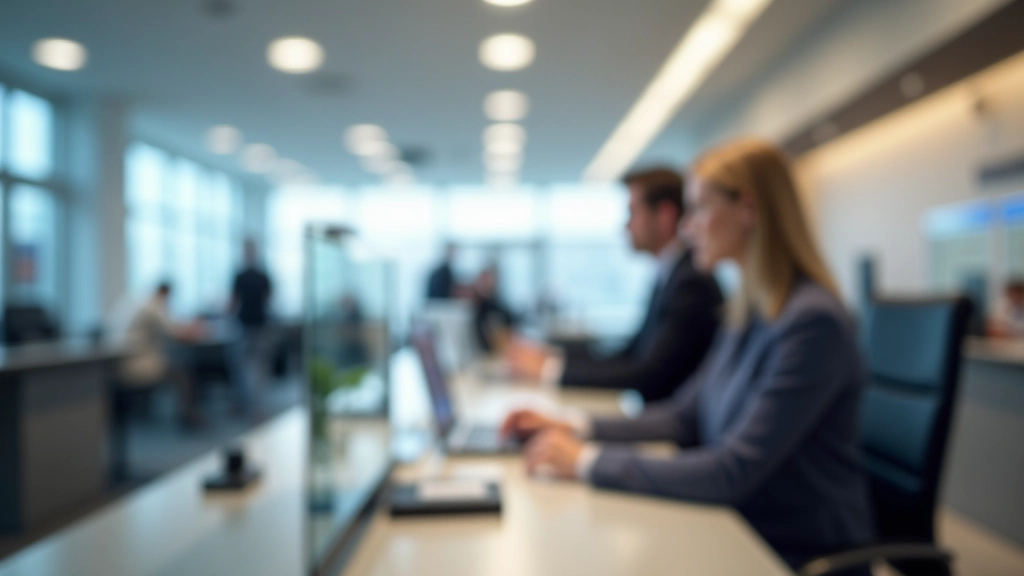 Bankgebäude mit Schaltern und Kunden, die Kredite beantragen